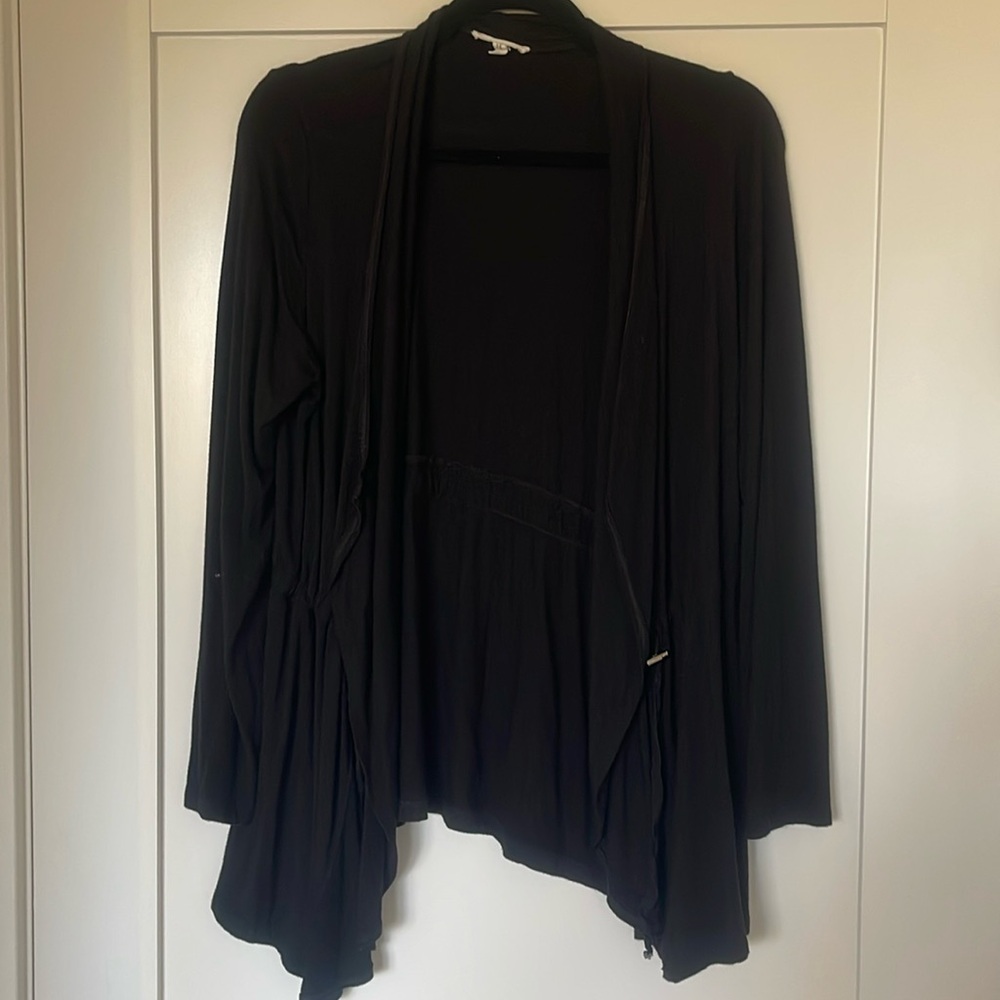 Maurice’s black open front jacket with adjustable drawstring waist